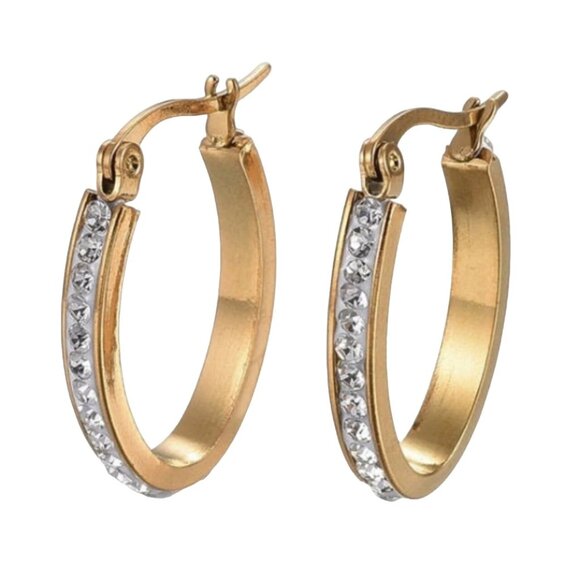 1 Inch 26mm Crystal Oval Hoop Pierced Post Earrings Gold Tone - Picture 1 of 5